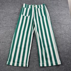 Wide Leg Denim Pants Womens Size 4 Sailor High Rise Cropped Green Striped